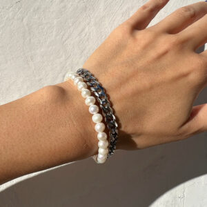 MEDIUM CHAIN X FRESHWATER PEARL BRACELET SET SILVER