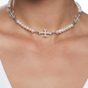 TRIO ADAMAS CROSS FRESHWATER PEARL CHOKER
